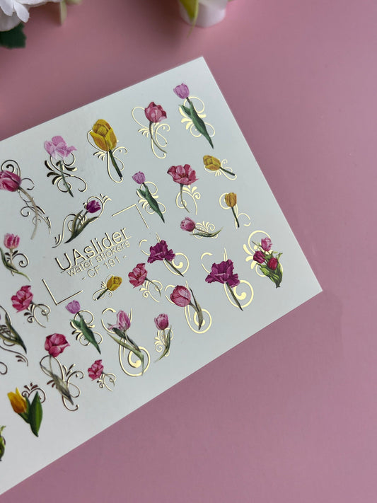 Nail Water Decal CF-191 | Nail Stickers | Tulip Water Decals with Gold Swirls