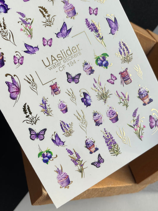 Nail Water Decal CF-194 | Nail Stickers | Lavender & Cupcakes Water Decals with Purple Butterflies and Gold