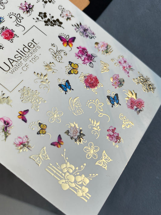Nail Water Decal CF-195 | Nail Stickers | Peonies & Butterflies Water Decals with Gold Floral Ornaments