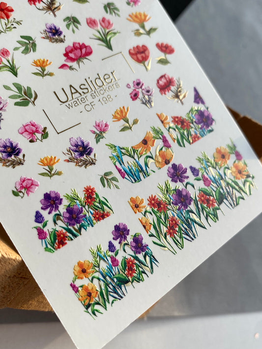 Nail Water Decal CF-198 | Nail Stickers | Bright Wildflower Water Decals with Garden Blooms
