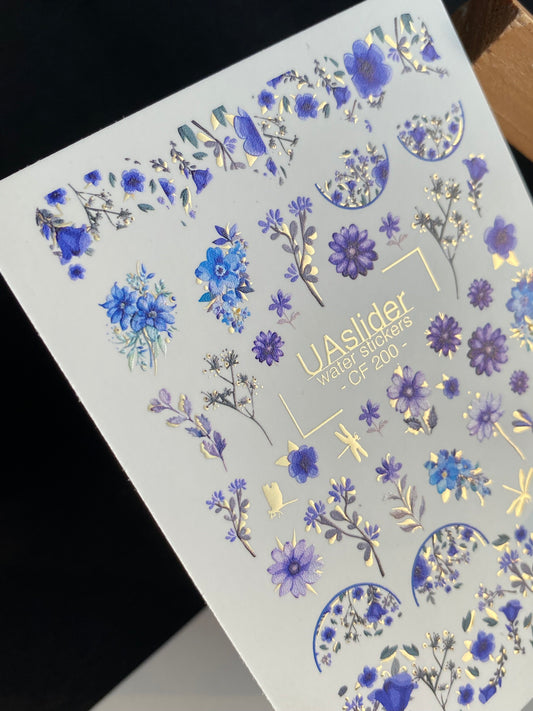 Nail Water Decal CF-200 | Nail Stickers | Blue Floral Water Decals with Wildflowers and Bouquets