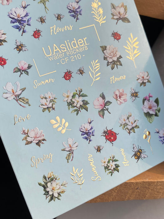 Nail Water Decal CF-210 | Nail Stickers | Flowers with Ladybugs & Bees Water Decals
