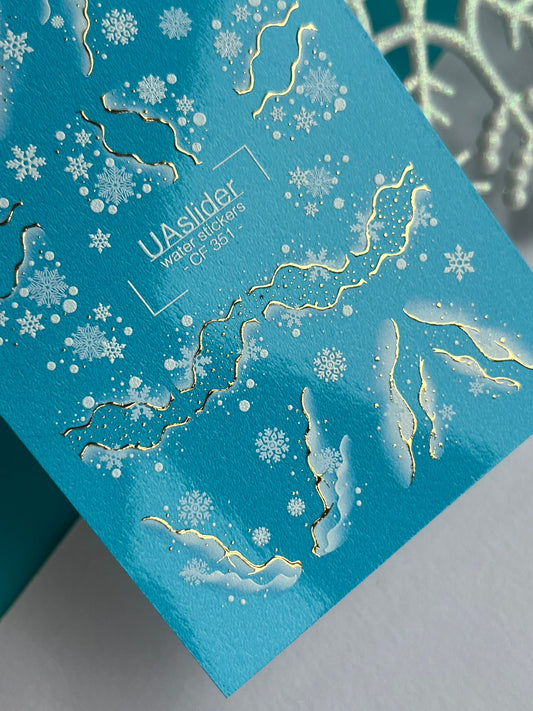 Nagel Wasserabziehbild CF-351 | Wasserfolien Nagelabziehbilder | Schneeflocken mit goldenen Winterakzenten