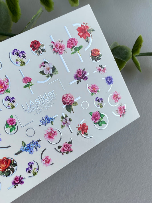 Nagel Wasserabziehbild CF-380 | Rosenwasser Foliennagelabziehbilder | Florale Designs mit geometrischen Akzenten