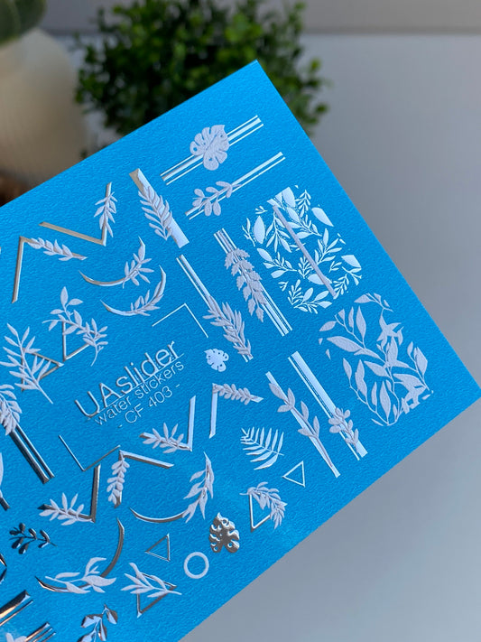 Nagel Wasserabziehbild CF-403 | Weiße botanische Wasser-Schiebefolien Nagelabziehbilder | Blätter, Zweige und geometrische Akzente