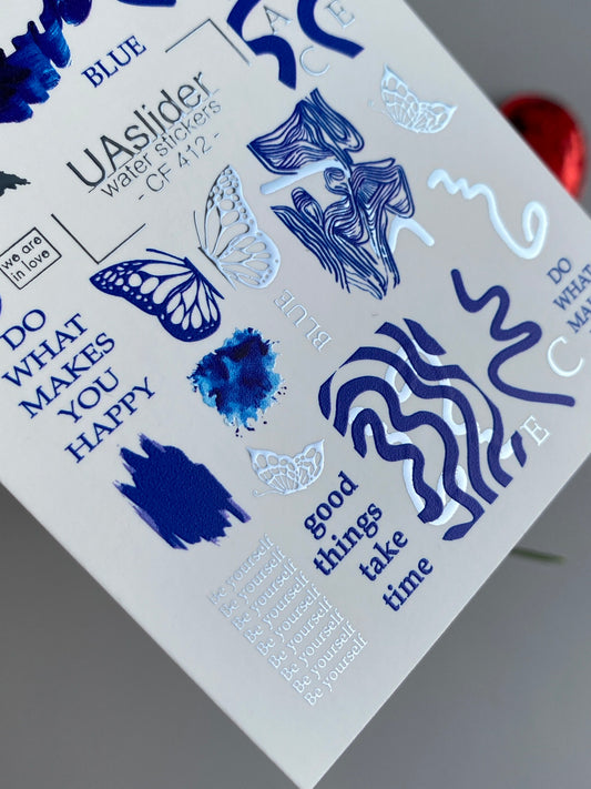 Nagel Wasserabziehbild CF-412 | Blaue abstrakte & Schmetterling Wasserfolien Nagelaufkleber | Motivationszitate Nagelkunst