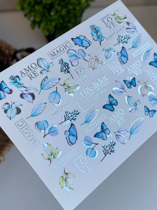 Nagel Wasserabziehbild CF-415 | Blaue Schmetterlinge & Botanische Wasserfolien Nagelabziehbilder | Romantische Liebesgeschichte Nagelkunst