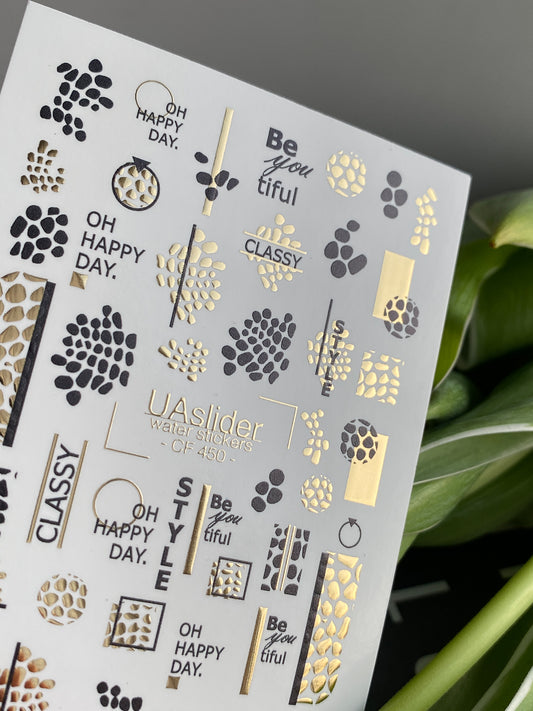 Nagel Wasserabziehbild CF-450 | Geometrische Wasserfolien Nagelabziehbilder | Schwarz & Gold Minimalistische Designs mit Zitaten
