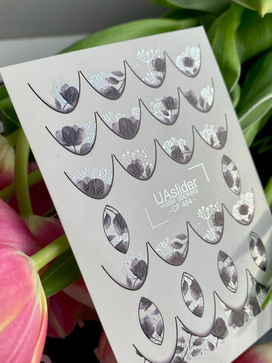 Nagel Wasserabziehbild CF-464 | Französische Wasserfolien-Nagelabziehbilder | Schwarz & Silber Blumenmuster Französische Spitzen