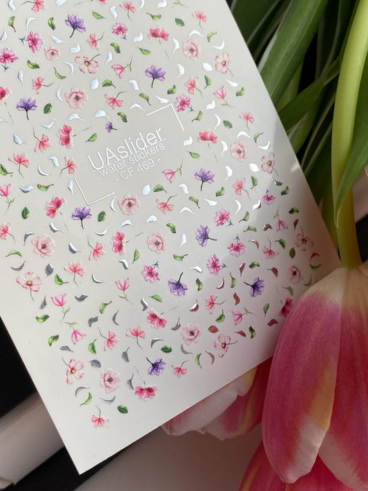 Décalcomanie d'eau pour ongles CF-469 | Petites décalcomanies d'eau à motifs floraux pour ongles | Motif de fleurs roses et violettes