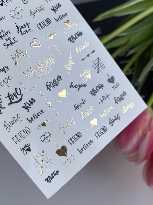 Nagel Wasserabziehbild CF-470 | Liebe & Freundschaft Nagelabziehbilder | Schwarz & Gold Minimalistische Buchstabenaufkleber