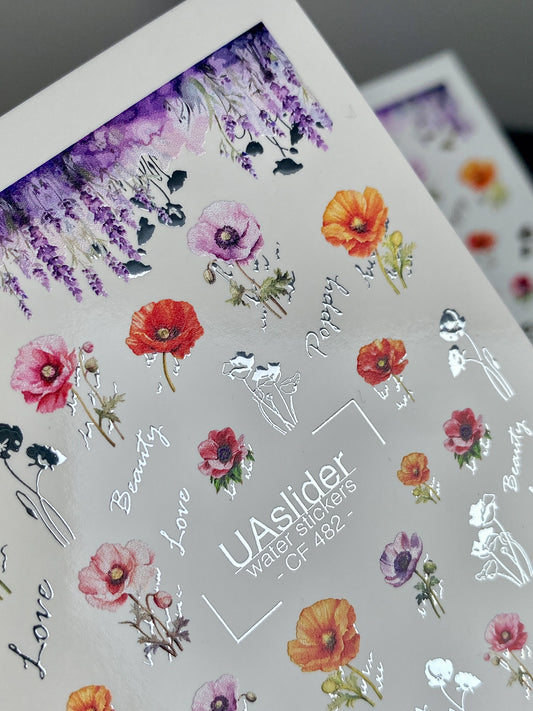 Décalcomanie d'eau pour ongles CF-482 | Décalcomanies d'eau pour ongles fleurs de coquelicot | Coquelicots rouge vif, rose et violet