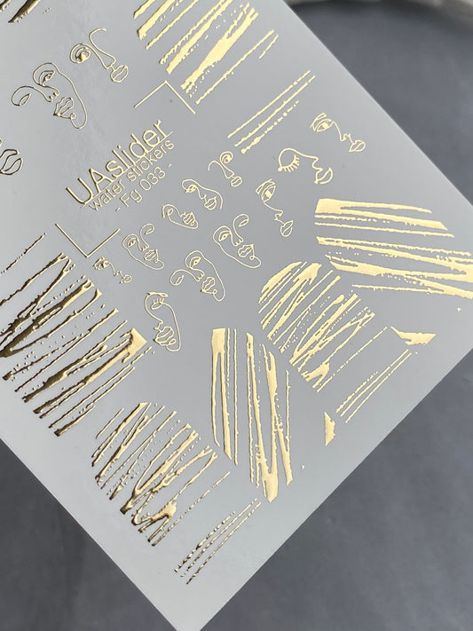 Nagel Wasserabziehbild Fg-033 | Abstrakte Gesichts-Linien Nagel Wasserabziehbilder mit Goldfolie | Künstlerische Nagelkunst Aufkleber