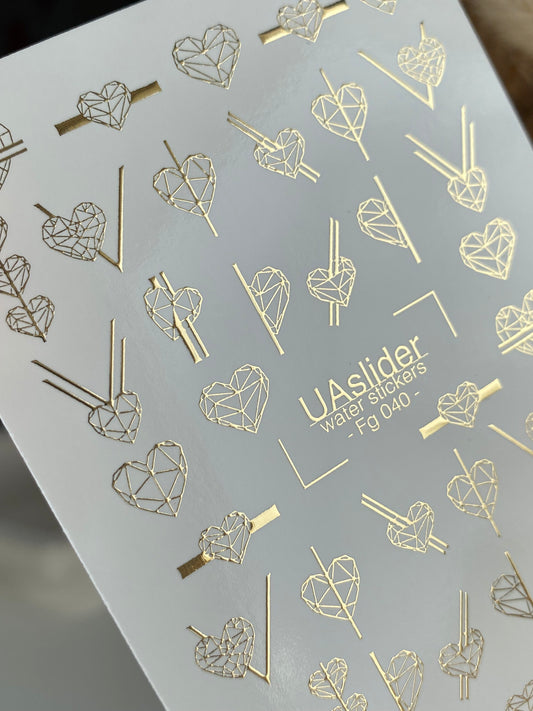 Nagel Wasserabziehbild Fg-040 | Geometrisches Herz Wasser-Schiebefolie Nagelabziehbilder | Gold Minimalistisches Nageldesign
