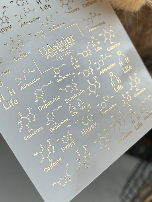 Nagel-Wasserabziehbild Fg-044 | Wissenschaftliche Wasser-Schiebefolien-Nagelabziehbilder | Goldene Moleküle und Chemie-Designs
