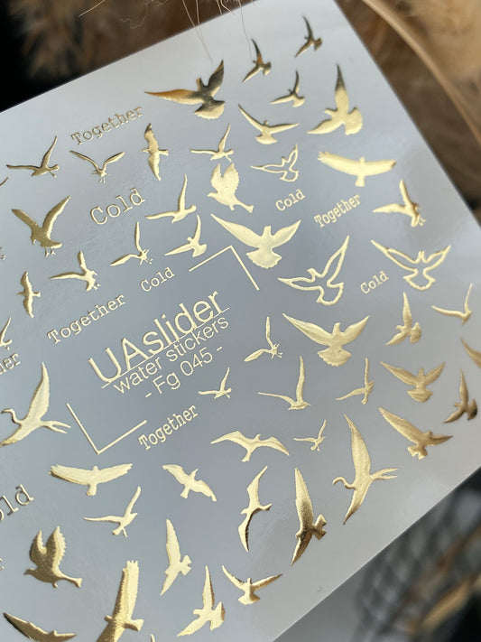Nagel-Wasserabziehbild Fg-045 | Wasser-Schiebnagelabziehbilder Vögel | Goldene fliegende Vögel und minimalistische Wörter
