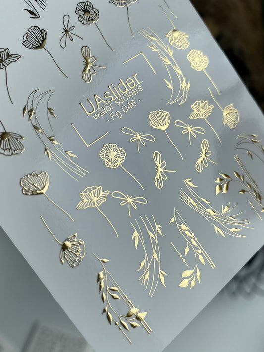 Nagel-Wasserabziehbild Fg-046 | Wasser-Schiebefolien Nagelabziehbilder Wildblumen | Goldene florale Zweige und Libellen