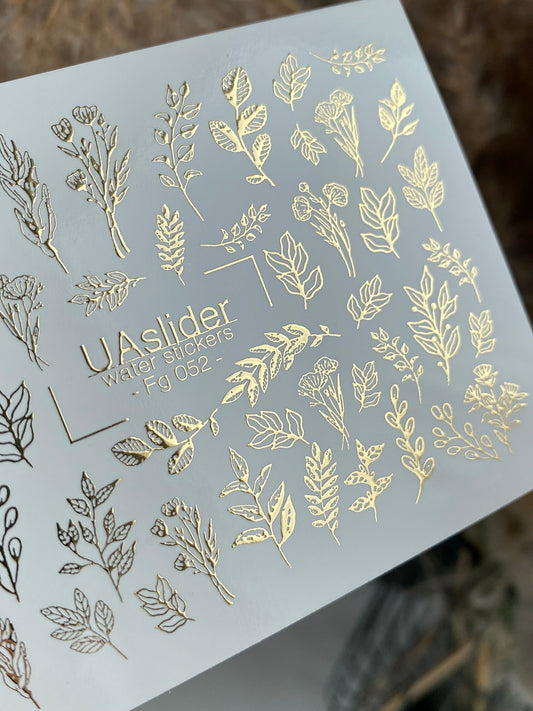 Nagel Wasserabziehbild Fg-052 | Wasserfolien Nagelabziehbilder Goldene Blätter | Botanische Zweige und Elegante Nagelkunst