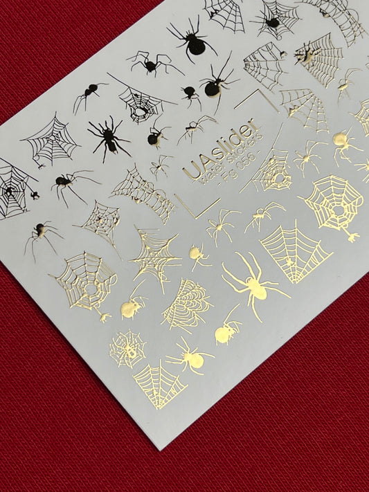 Nagel Wasserabziehbild Fg-056 | Wasserfolien Nagelabziehbilder Halloween Spinnen | Goldene Spinnennetz Nageltattoos