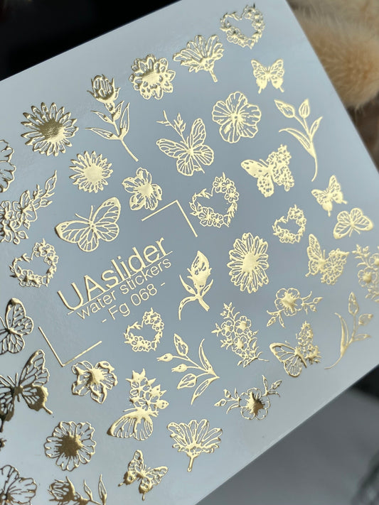 Nagel Wasserabziehbild Fg-068 | Goldfolie Wasserabzieh-Nagelaufkleber | Blumen & Schmetterlinge