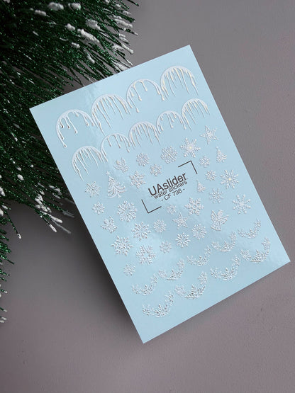 Adesivo para Unhas CF-736 | Adesivos para Unhas Deslizantes na Água | Design de Flocos de Neve Prateados e Pingentes de Gelo