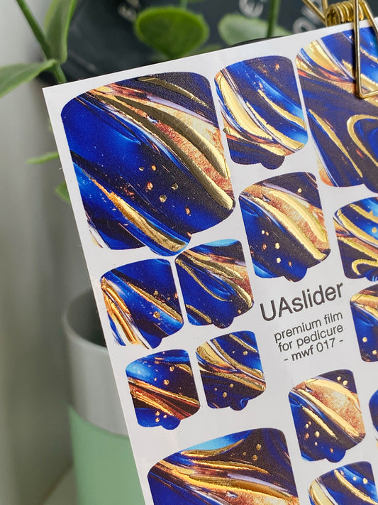 Pediküre Nagelfolien mwf-017 | Nagelfolien für Pediküre | Tiefblauer Marmor mit Goldfolie