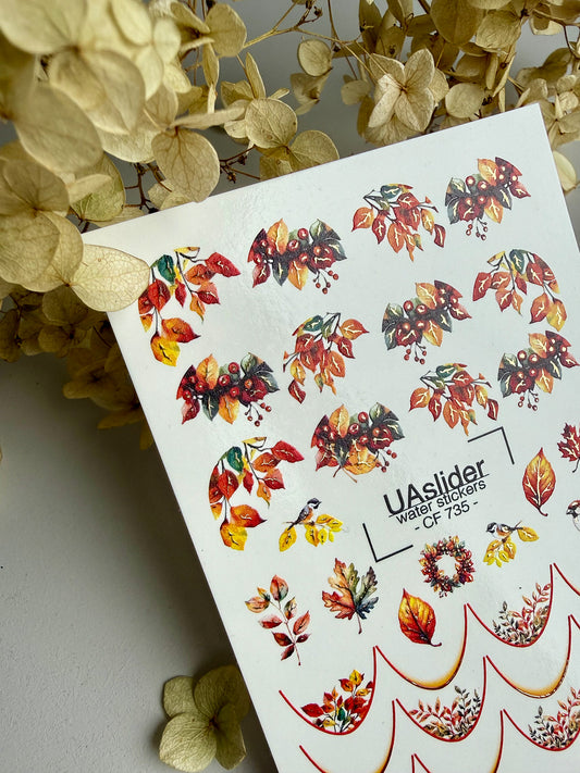 Nagel Wasserabziehbild CF-735 | Wasserfolien Nagelabziehbilder | Design mit Herbstblättern und Vögeln