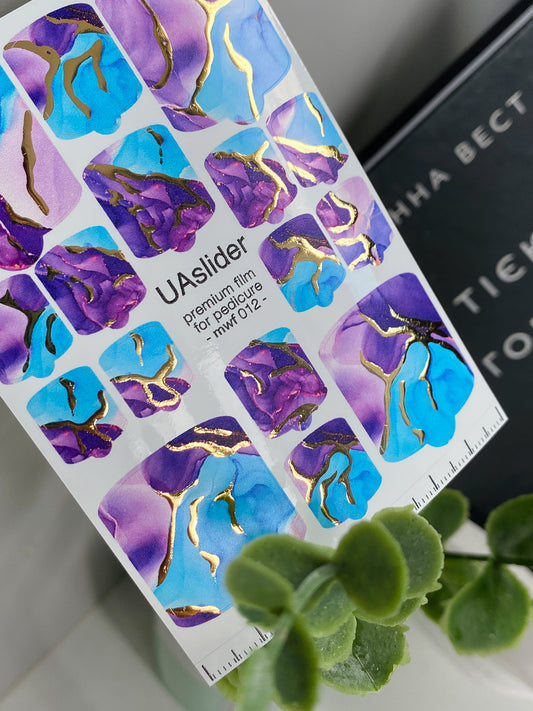 Pediküre Nagelfolien mwf-012 | Nagelfolien für Pediküre | Blau Lila Marmor mit Goldfolie