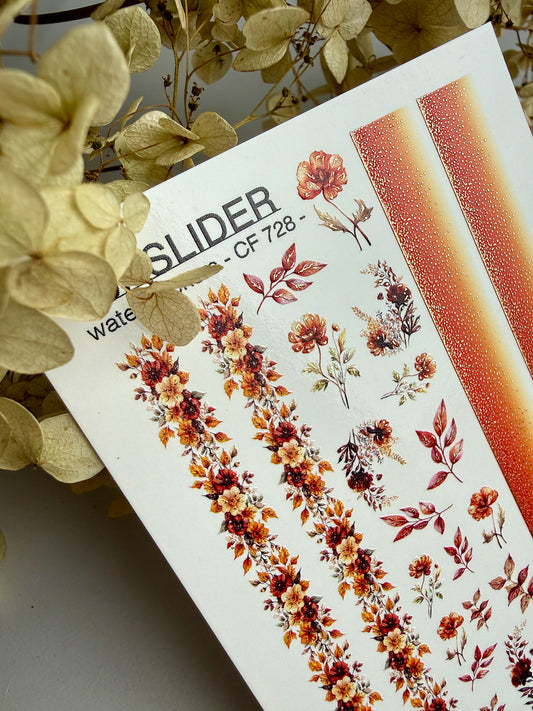 Nagel Wasserabziehbild CF-728 | Wasserfolien Nagelabziehbilder | Herbstliche Blumenstreifen Nagelkunst in warmen Farbtönen