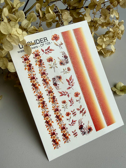 Nagel Wasserabziehbild CF-728 | Wasserfolien Nagelabziehbilder | Herbstliche Blumenstreifen Nagelkunst in warmen Farbtönen