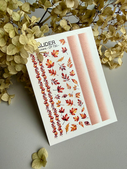 Nagel Wasserabziehbild CF-730 | Wasserfolien Nagelabziehbilder | Herbst Ahornblätter und Farbverlauf Streifen Design