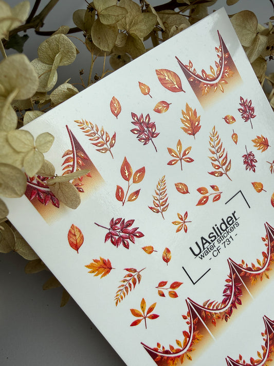 Nagel-Wasserabziehbild CF-731 | Wasserfolien-Nagelabziehbilder | Herbstblätter mit Farbverlauf-Spitzen-Design
