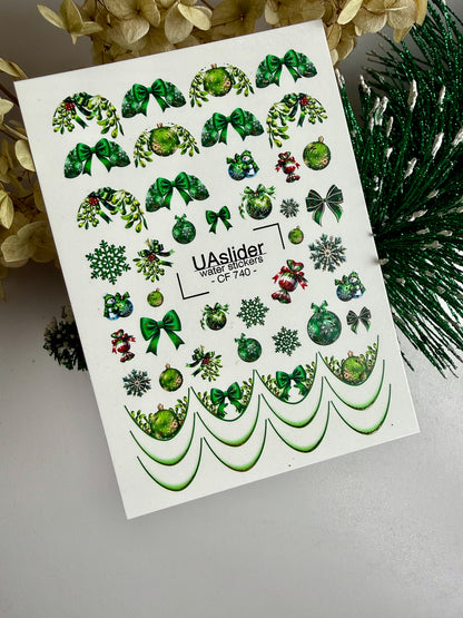 Nagel Water Decal CF-740 | Water Slide Nagel Decals | Groene Kerstversieringen en Feestelijke Strikken