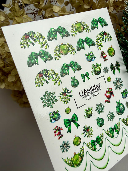 Nagel Water Decal CF-740 | Water Slide Nagel Decals | Groene Kerstversieringen en Feestelijke Strikken
