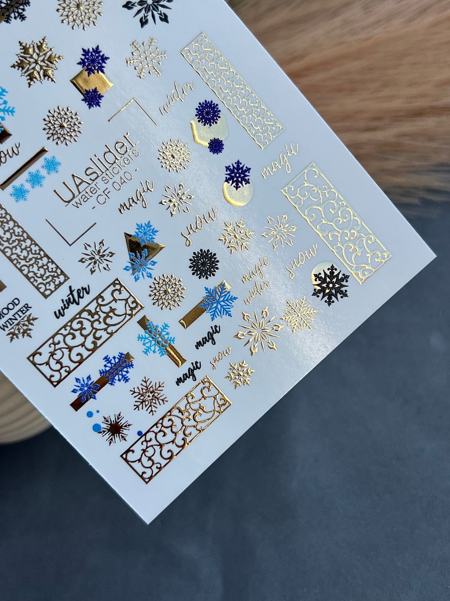 Nail Water Decal CF-040 | Winter Water Slide Nail Decals | Blue Snowflakes & Gold Foil Ornaments