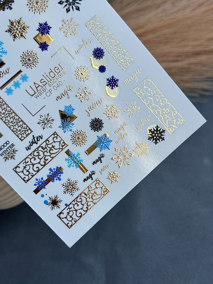 Nail Water Decal CF-040 | Winter Water Slide Nail Decals | Blue Snowflakes & Gold Foil Ornaments