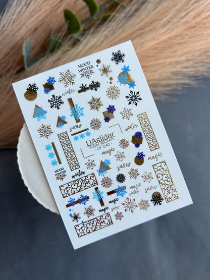 Nail Water Decal CF-040 | Winter Water Slide Nail Decals | Blue Snowflakes & Gold Foil Ornaments