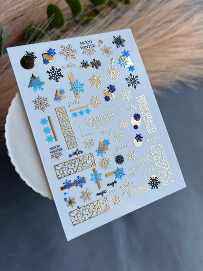 Nail Water Decal CF-040 | Winter Water Slide Nail Decals | Blue Snowflakes & Gold Foil Ornaments