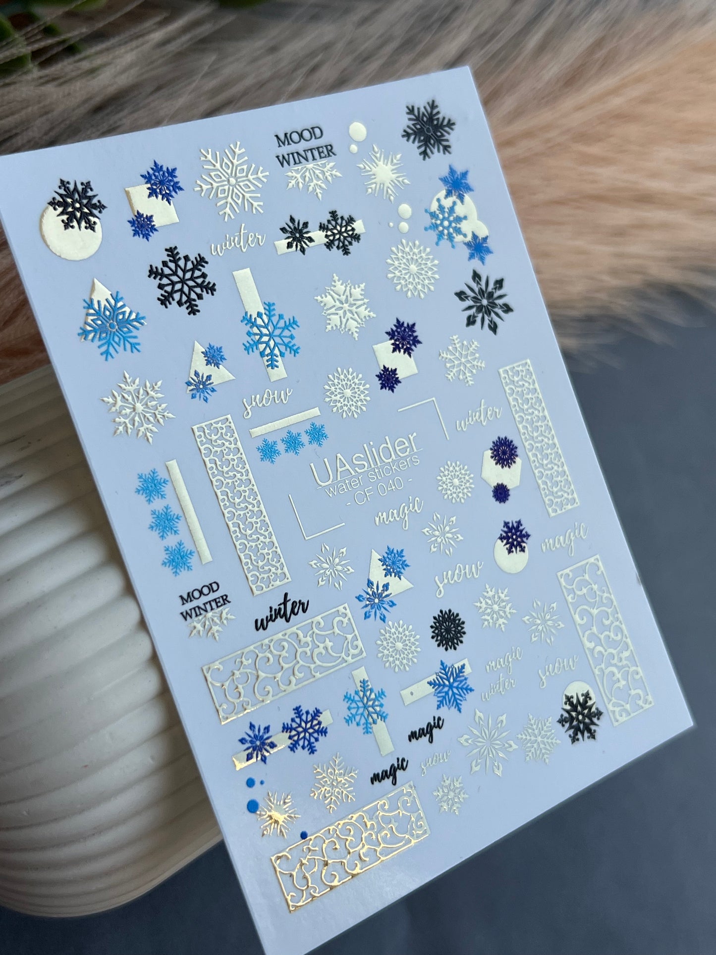Nail Water Decal CF-040 | Winter Water Slide Nail Decals | Blue Snowflakes & Gold Foil Ornaments
