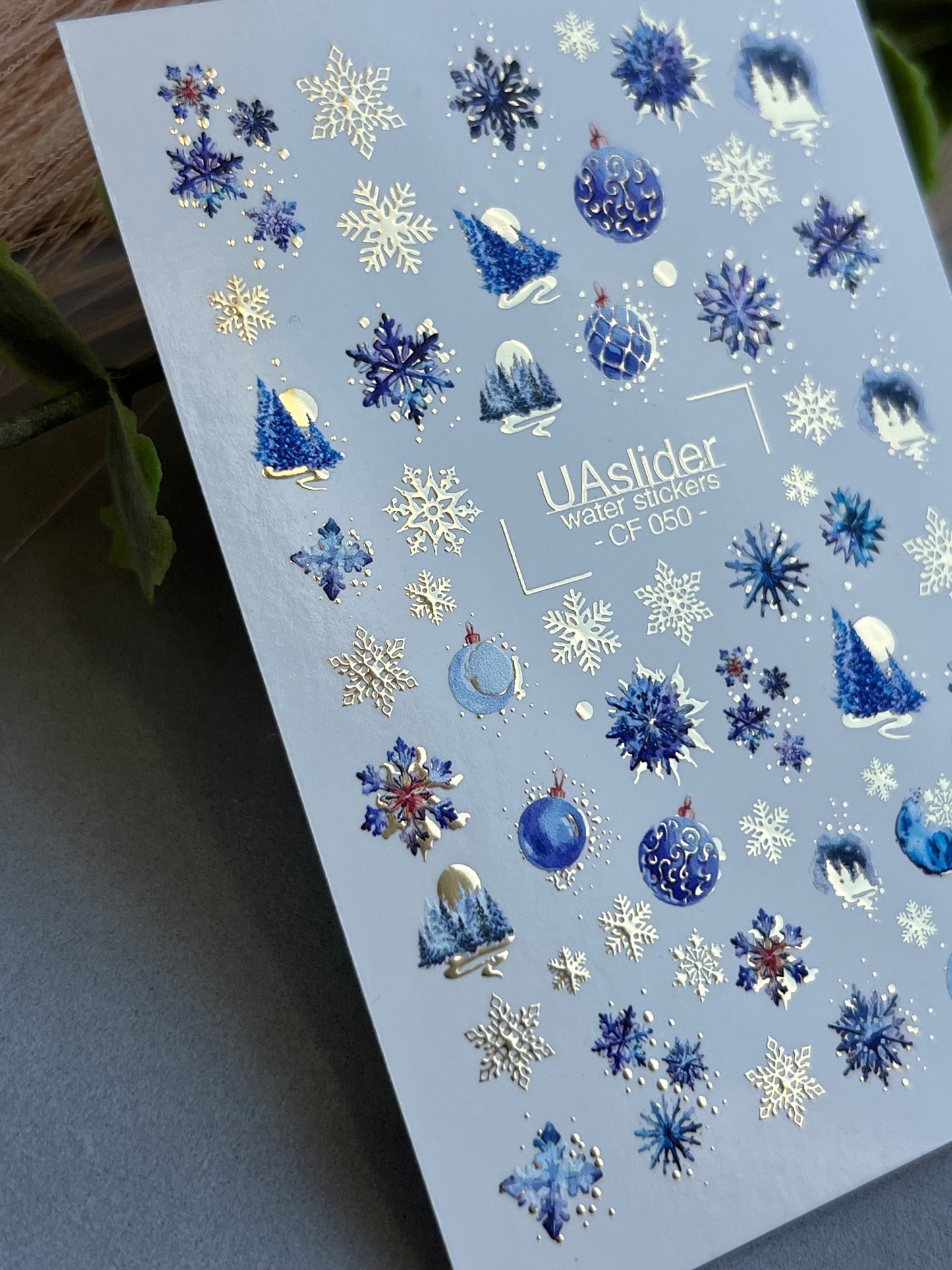Nail Water Decal CF-050 | Blue Winter Nail Water Decals | Snowflakes, Trees & Christmas Ornaments