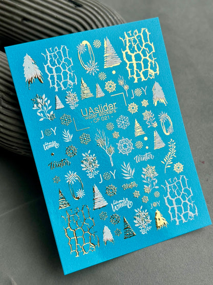 Nail Water Decal CF-021 | Winter Nail Water Decals, Snowflakes, Trees, and Gold Foil Accents