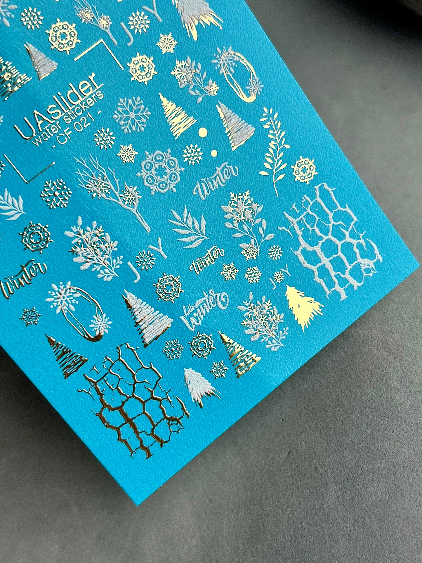 Nail Water Decal CF-021 | Winter Nail Water Decals, Snowflakes, Trees, and Gold Foil Accents
