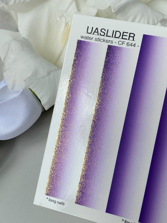 Décalcomanie d'eau pour ongles CF-644 | Décalcomanies à glissière d'eau dégradées pour ongles | Ombre violet avec paillettes dorées pour ongles longs