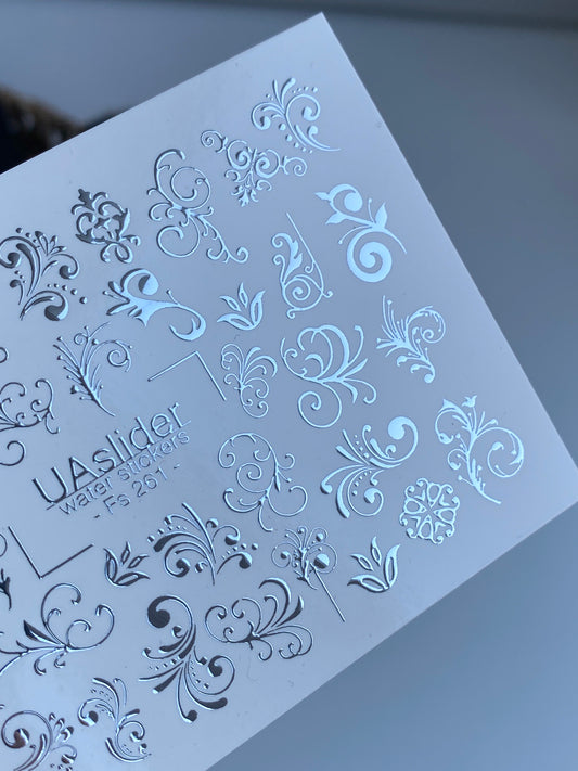 Adesivo per Unghie Fs-261 | Adesivi per Unghie a Scorrimento d'Acqua Ornamentali | Swirls e Decorazioni Vintage in Foglia d'Argento