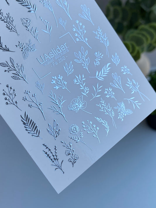 Calcomanía de agua para uñas Fs-252 | Calcomanías deslizantes de agua para uñas botánicas | Hojas de papel de plata y flores silvestres