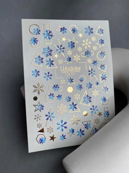 Nail Water Decal CF-011 | Winter Water Slide Nail Decals, Blue Snowflakes with Gold Foil Geometric Accents
