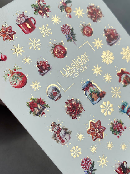 Nail Water Decal CF-029 | Festive Christmas Nail Water Decals with Gold Foil | Ornaments, Snowflakes and Sweets