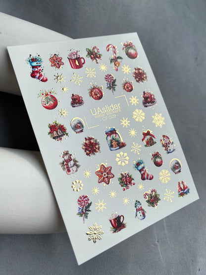 Nail Water Decal CF-029 | Festive Christmas Nail Water Decals with Gold Foil | Ornaments, Snowflakes and Sweets