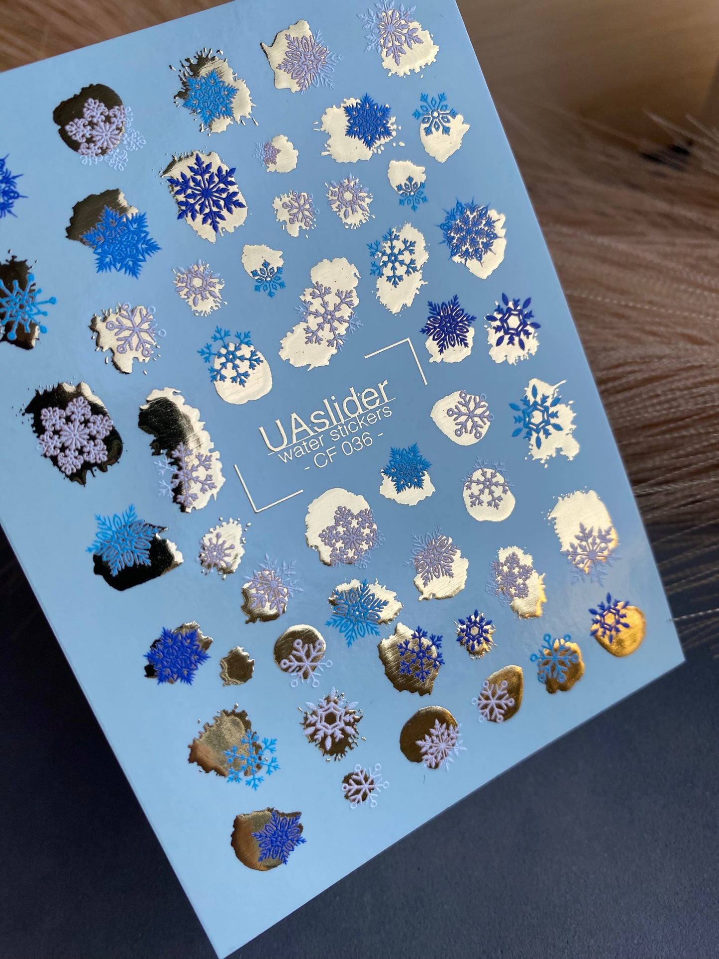 Nail Water Decal CF-036 | Winter Snowflake Water Slide Nail Decals | Blue, White & Gold Foil Accents