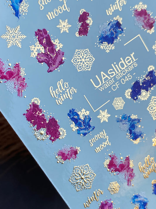 Nail Water Decal CF-045 | Winter Nail Water Decals | Abstract Splashes, Snowflakes, Gold Foil
